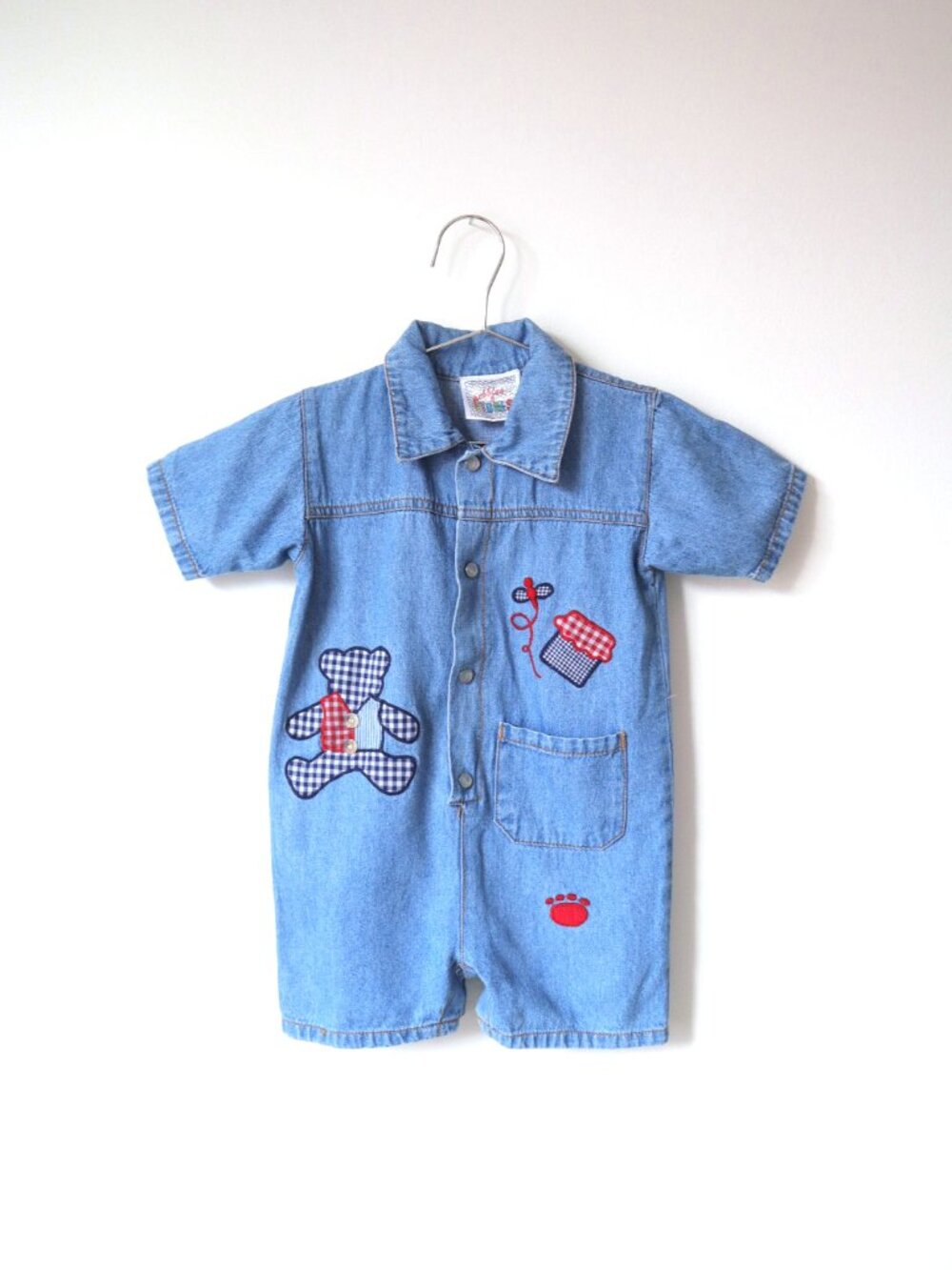 Vintage Denim Teddy Bear Applique Short Jumpsuits / 2Y